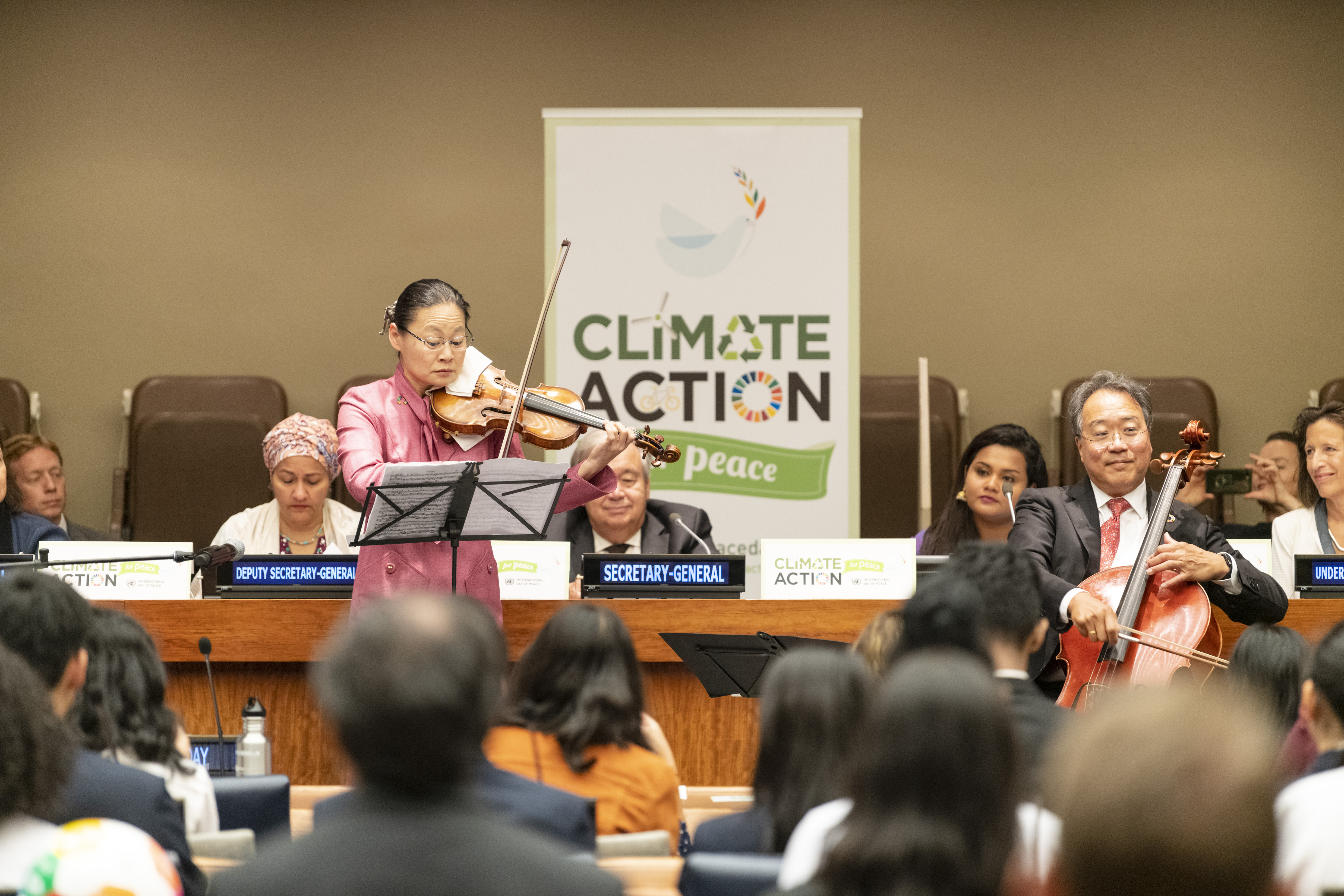 UN Messengers of Peace Midori Goto and Yo-Yo Ma Perform at Student Observance of International Day of Peace. 20 Sept 2019. United Nations, New York/UN Photo/Rick Bajornas